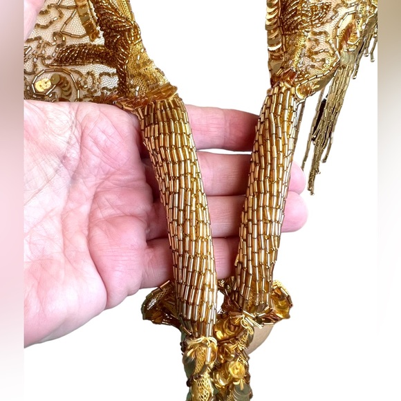 Vintage Heavily Beaded Sequined Lace Gold Tone Frilly Shrug Wrap - Picture 6 of 15